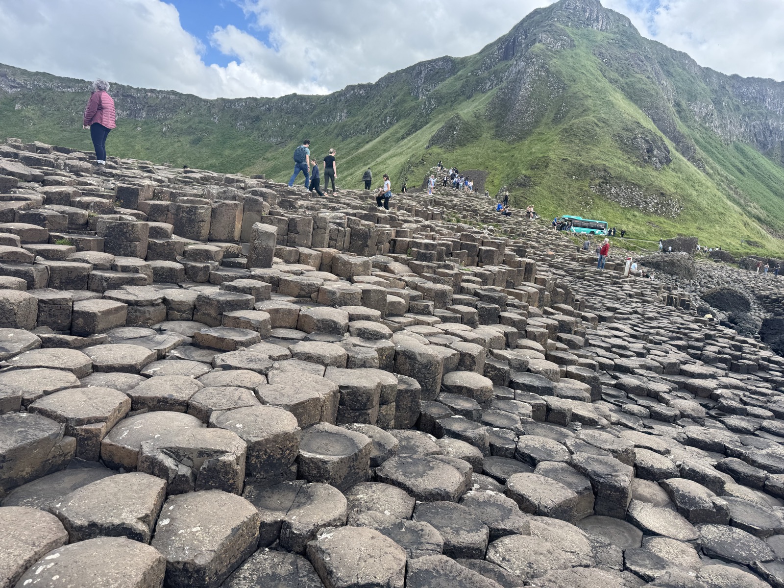 A wide view across the Giant's Causeway and surrounding cliffs