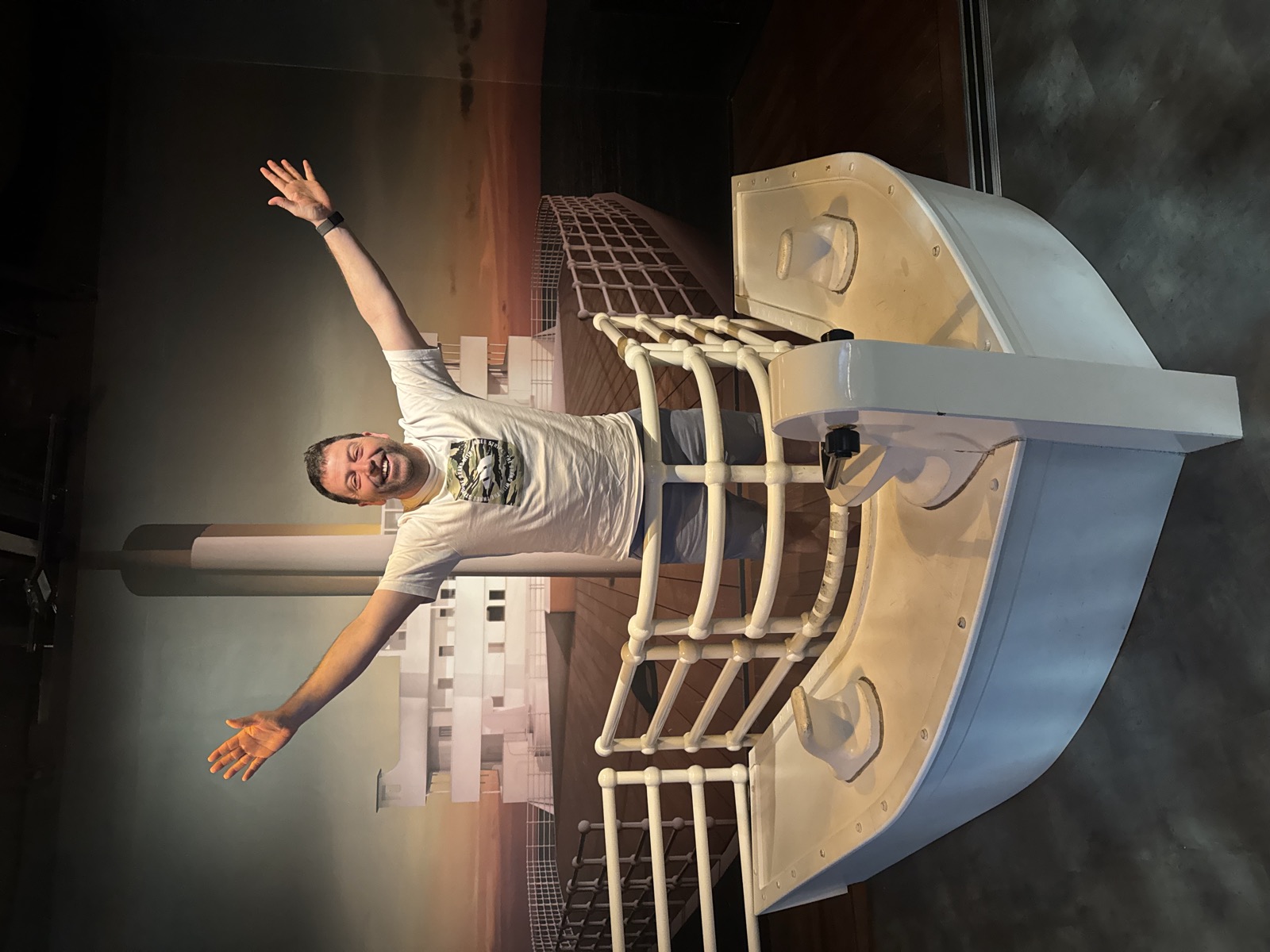Derek posing at the bow inside Titanic Belfast