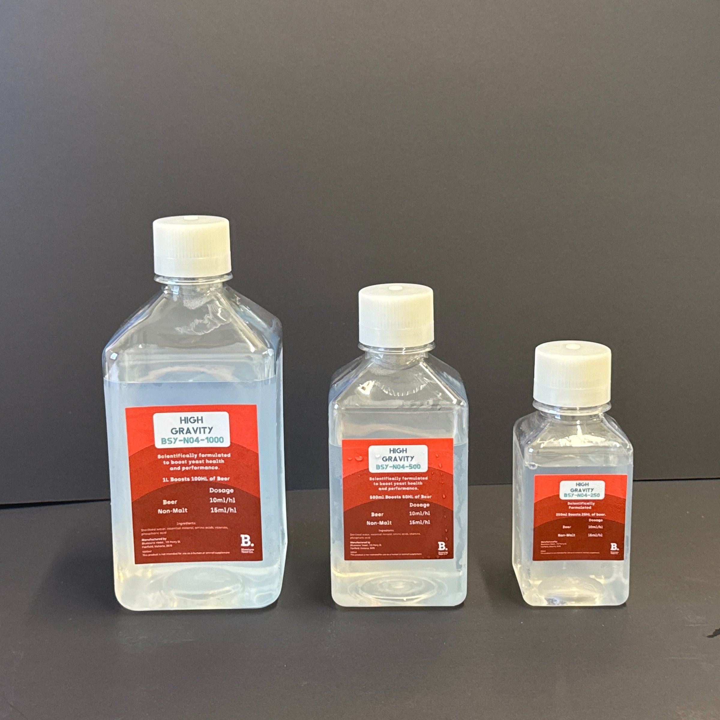Bluestone Yeast High Gravity Booster shown in 250mL, 500mL, and 1L sizes