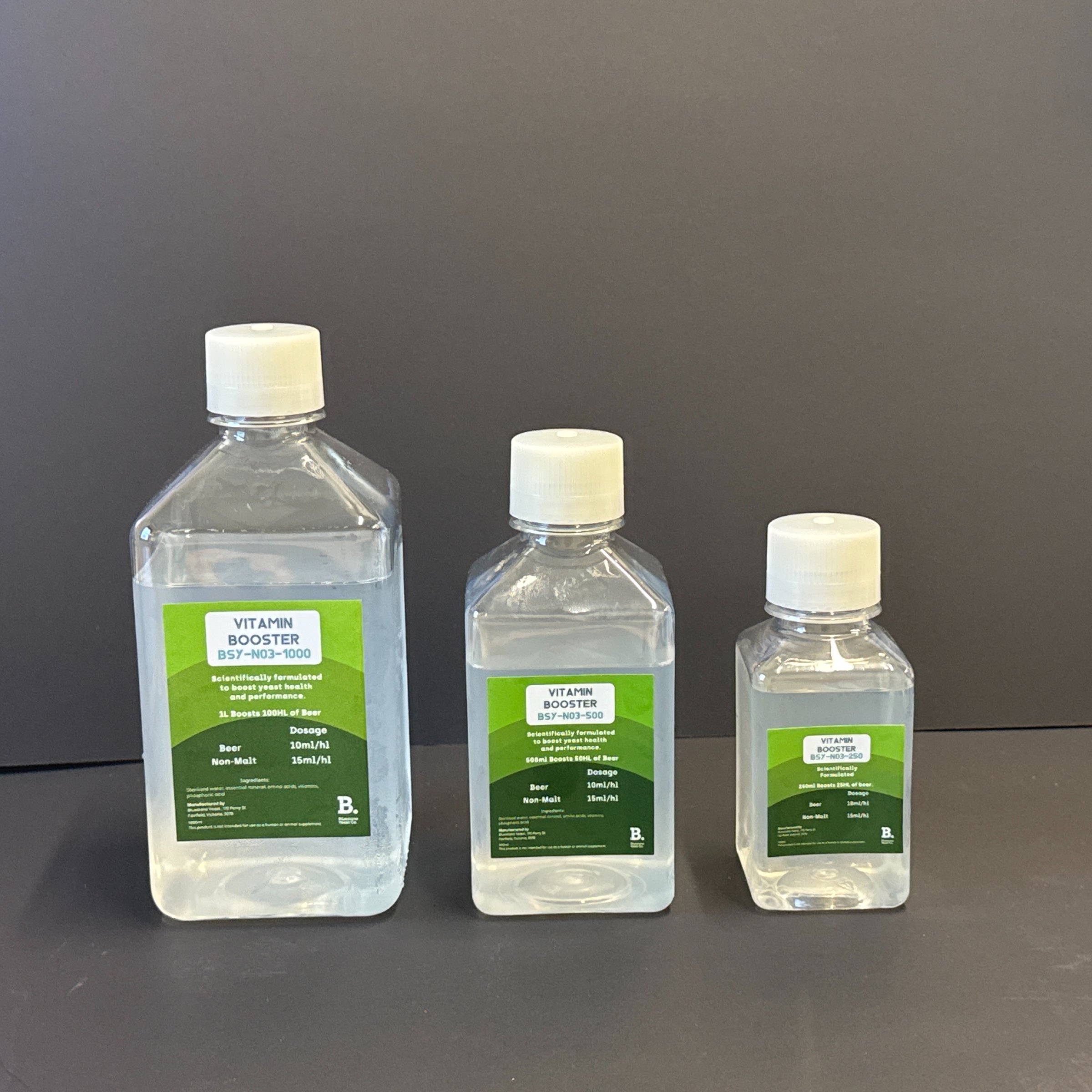 Bluestone Yeast Vitamin Booster shown in 250mL, 500mL, and 1L sizes
